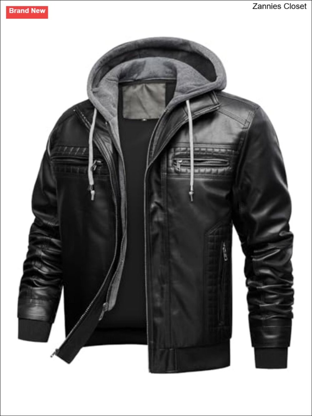 Men's Faux Leather Jacket Removable Hood Motorcycle Bomber Moto